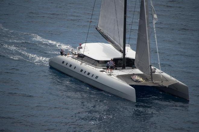 Allegra, the Nigel Irens designed 78ft catamaran at the start of the Antigua Bermuda Race. Her crew for Antigua Bermuda Race includes world speed sailing record holders Paul Larsen and Helena Darvelid from Vestas Sailrocket © Ted Martin